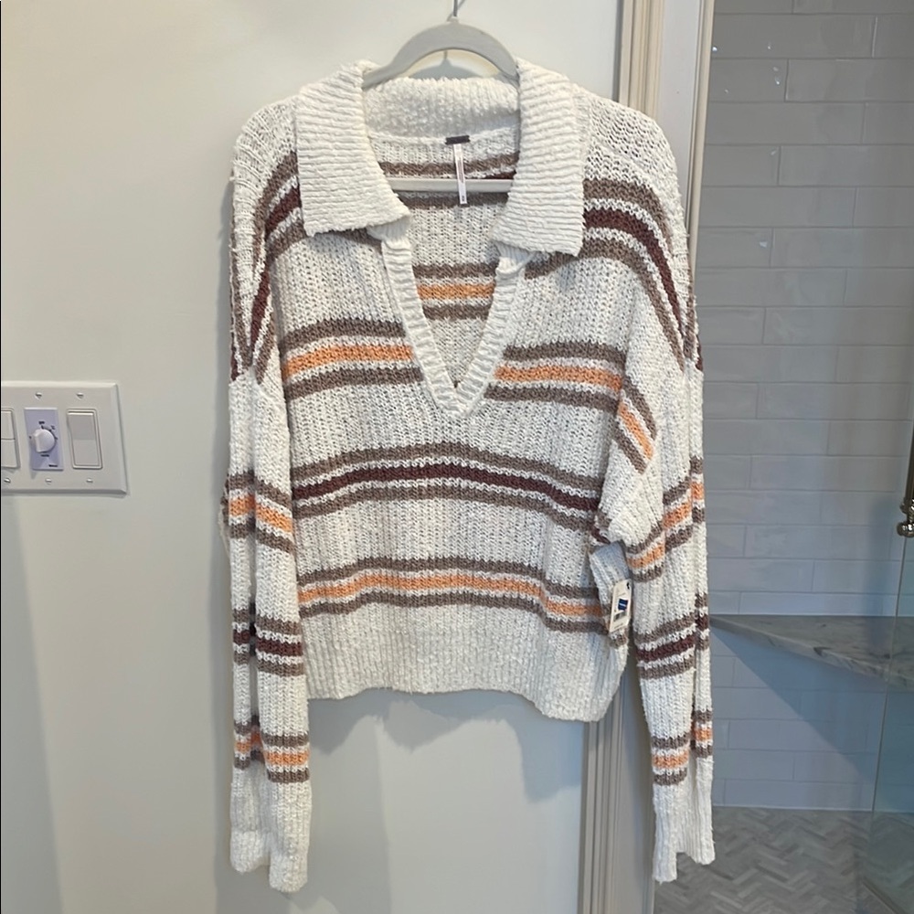 Striped V-Neck Sweater - White, Brown, and Orange